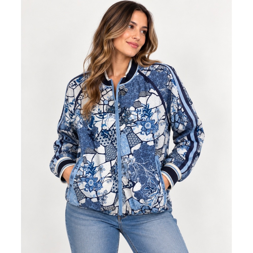Johnny Was Bee Active Blue Floral Mosaic Full Zip Bomber Jacket Large L